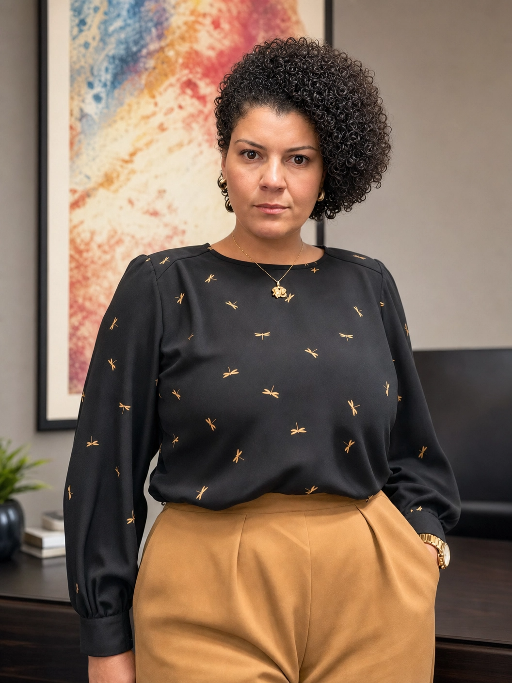 Cecília Bonifácio em fotografia profissional no escritório